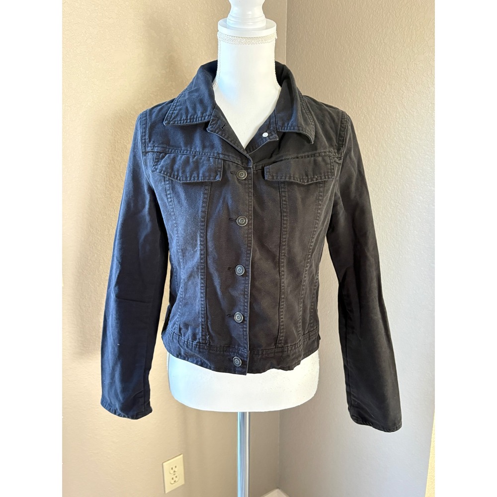 Merona Womens Black Cotton Denim Trucker Jacket Small Button Front Solid Utility